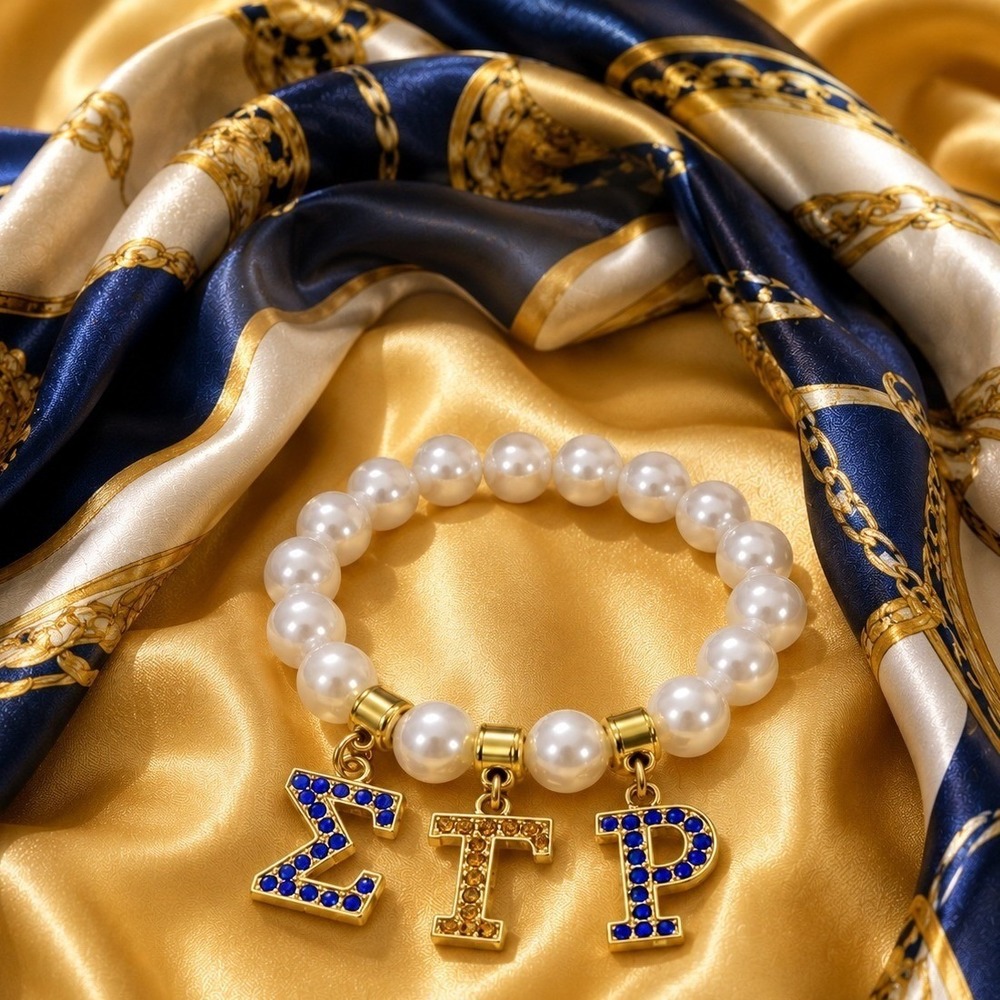 Sigma Gamma Rho SGRho Sorority Pearl Bracelet Blue Gold Rhinestone Greek Charms